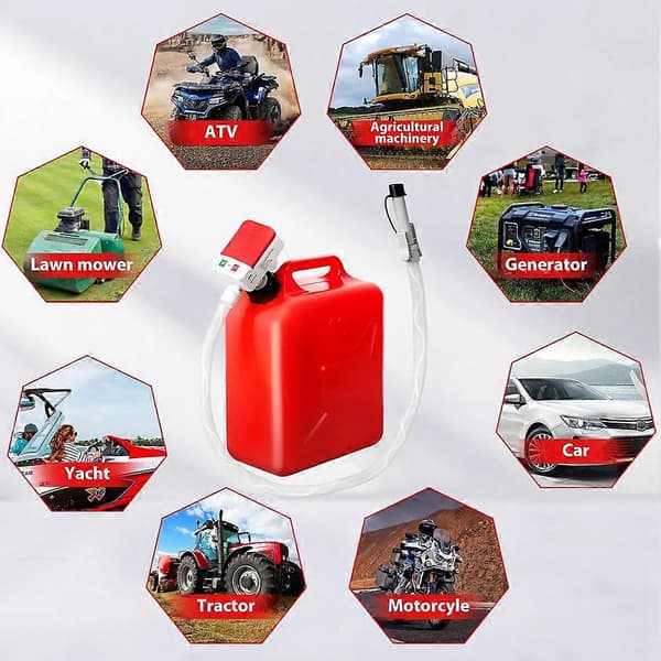 Automatic Fuel Transfer Pump with Auto-Stop, 51-inch Hose, 3.2 Gallons Per Minute, Battery or USB Powered, 4 Can Adapters Red Rød
