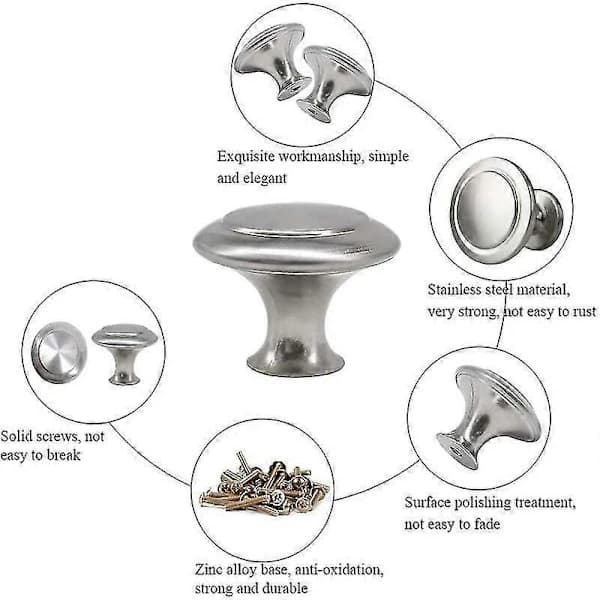 Round Cabinet Knobs 30-Pack Stainless Steel Mushroom Shaped Drawer Pulls for Kitchen Cabinets Dressers and Doors Silver 30mm