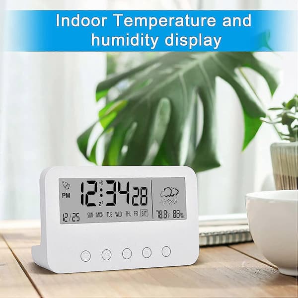 Digital alarm clock for bedroom, battery-powered desk clock, with countdown, weather, night light, date