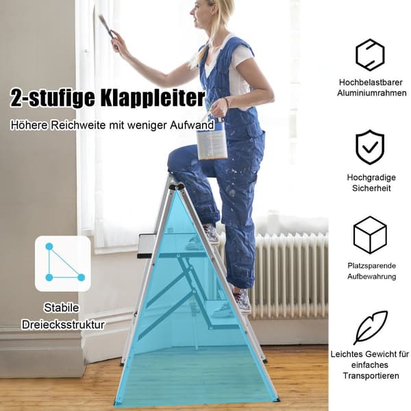 Trappestige 2-trins foldbar aluminiumsstige op til 150 kg sølv