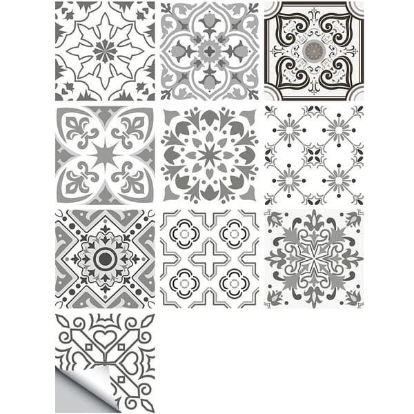 Moroccan Tile Decals for Kitchen Bathroom Wall Transfer Grey 10-Pack