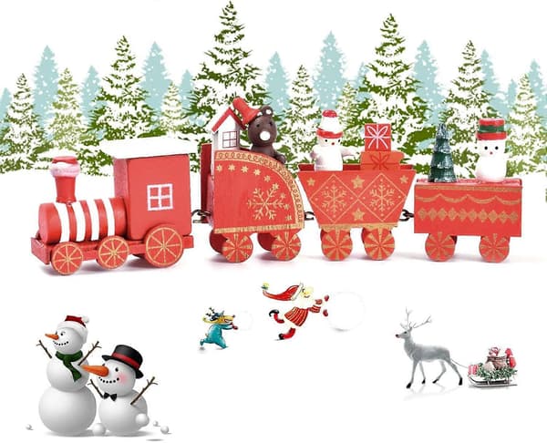 Mini trætog, tog julepynt, julepynt, miniature campingvogn julepynt
