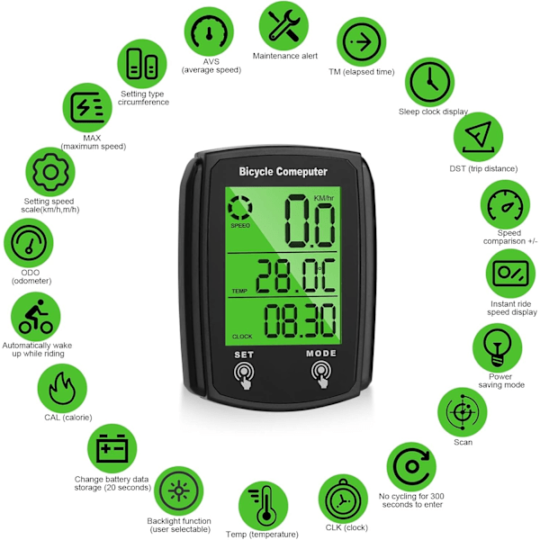 Universell 19-funktions IP54 vattentät cykeldator, GPS-cykeldator med LCD-bakgrundsbelyst pekskärm