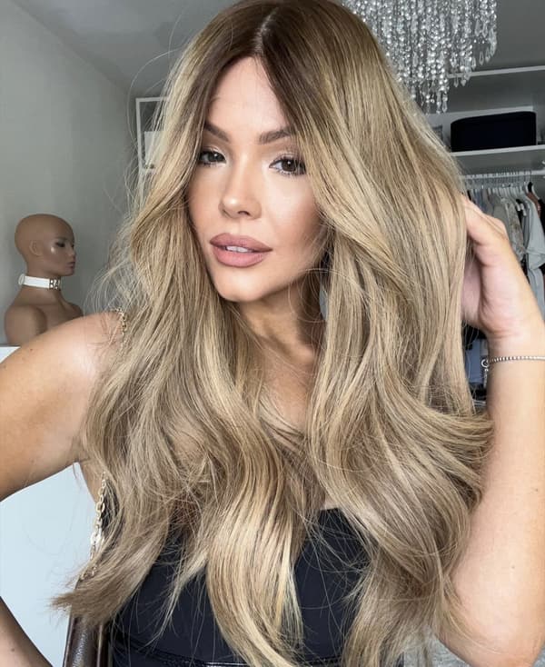 Dameparykk Langt Hår Brun Blond Gradient Mellombred Bølge Lang
