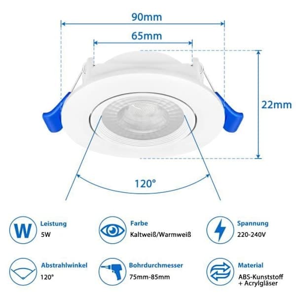 XMTECH 20-pack LED-spotlights, Slimline 5W Varmvit, 5W Takspotlight, för Badrum, Vardagsrum, Sovrum