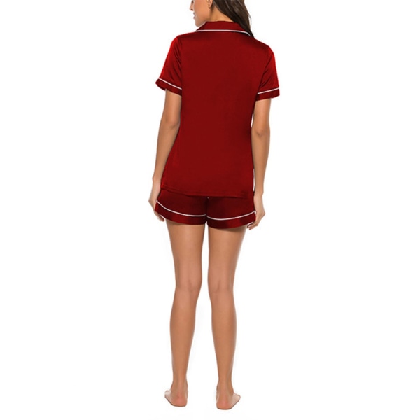Damskjortor Shorts Set Kortärmade nattkläder Elastisk midja Rever 2 Outfits Vinröd, storlek XL