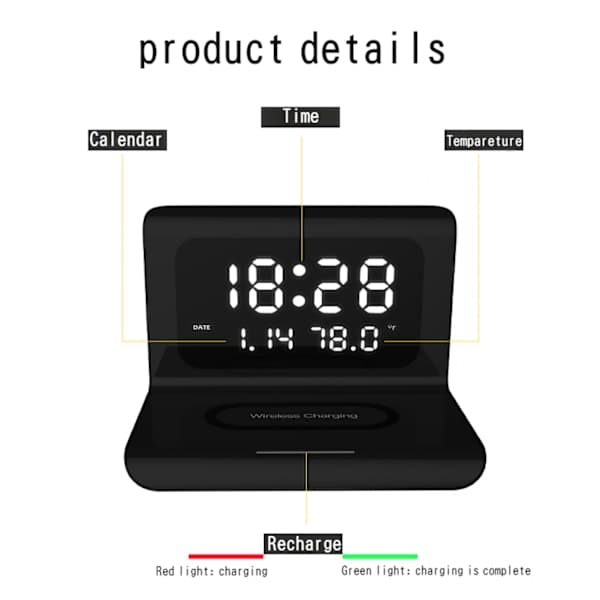 Creative Digital Alarm Clock, Wireless Charging, Multifunctional 3-in-1 Mobile Phone Wireless Charging Alarm Clock, Black