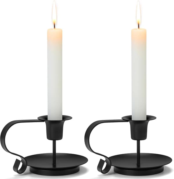 Lysestager til koniske lys - Sæt med 2, Sorte metalliske lysestager til Halloween, Efterår, Thanksgiving og Jul