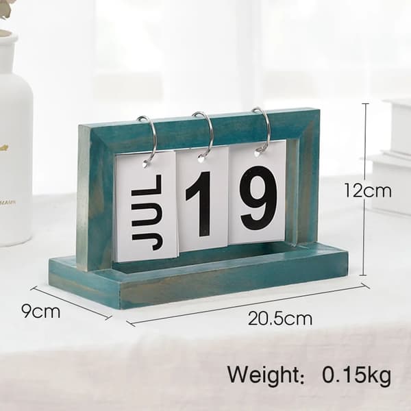 Evighetskalender med vendbare blader i tre, skrivebordskalender, sidevendende evighetskalender i trefarge