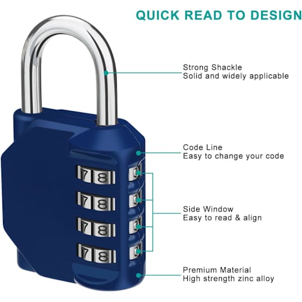 Combination Padlock, 4-Digit Code Lock, Gym Padlock, School Locker Lock, Weatherproof Outdoor Combination Lock Blue Blue Blue