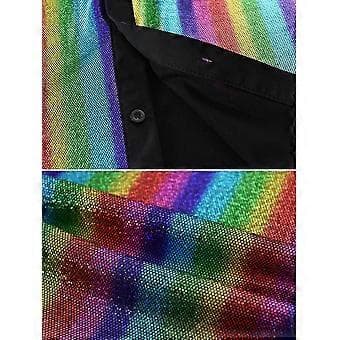 Men's Long Sleeve Geometric Button Down Lapel Collar Shiny T-Shirt (S Multicolor)