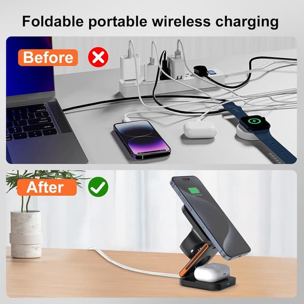 3-i-1 Trådløs Oplader Magnetisk Ladestation Til Smartphones Sort