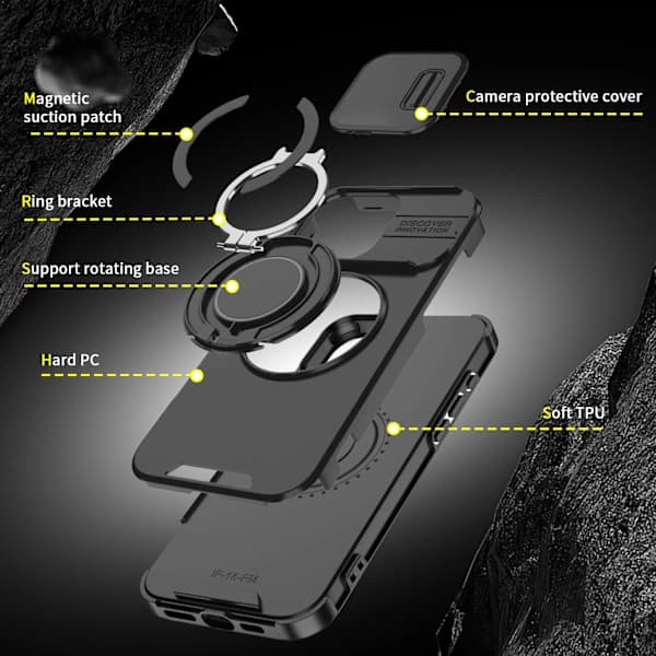 Magnetisk ringstativdeksel til iPhone 16 Pro Max med skyvbart linsedeksel, svart, A