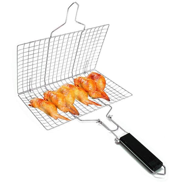 Stainless Steel Grill Basket with Detachable Handle - Compatible with BBQ, Foldable for Fish, Steak, Shrimp - 1-Pack