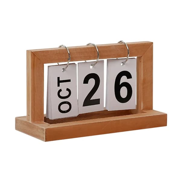 Evighetskalender med vendbare blader i tre, skrivebordskalender, sidevendende evighetskalender i trefarge