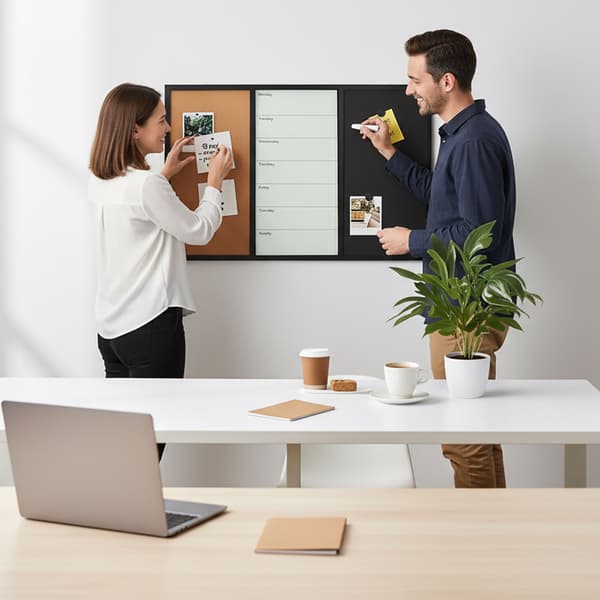 3-i-1 opslagstavle med kork, whiteboard og kalender