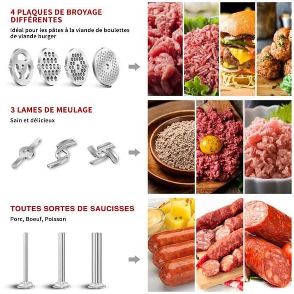 Lihamyllylisäosa KitchenAid-yleiskoneeseen, 3 makkarasarvea ja pidike, 4 levyä, 2 terää, hampurilaispuristin