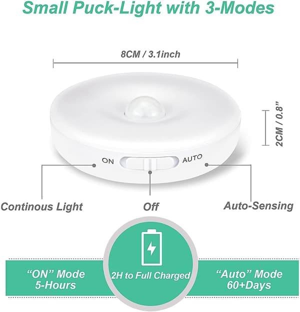 Automatic LED Night Light with Motion Sensor Indoor, Wireless LED Lights, 3 Modes (Auto/On/Off), USB Rechargeable Lamp [Energy Class A+++] 3 Pieces