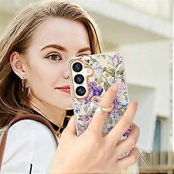 Compatible Back Cover for Samsung Galaxy S24 with Ring Stand Flower Pattern Electroplated TPU Case (Purple)