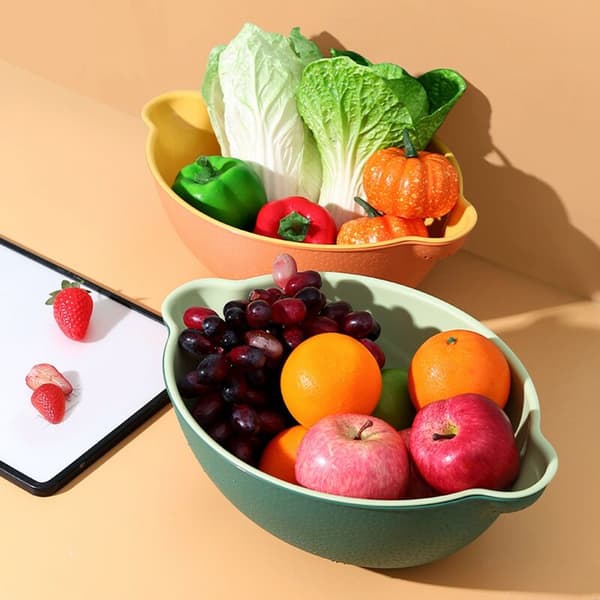 Kitchen Strainer Set Plastic Pasta Strainer Colander Fruit Bowl Double-Layer Drain Bowl Vegetable Washing Basket, A