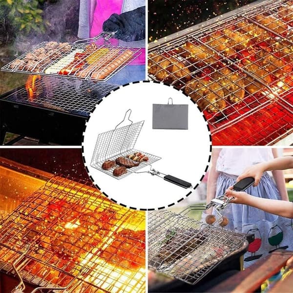 Stainless Steel Grill Basket with Detachable Handle - Compatible with BBQ, Foldable for Fish, Steak, Shrimp - 1-Pack