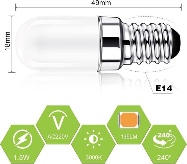 E14 LED Kylskåpslampa, 2W Motsvarande 15W, Varmvit 3000K, Ej Dimbar, 2-pack