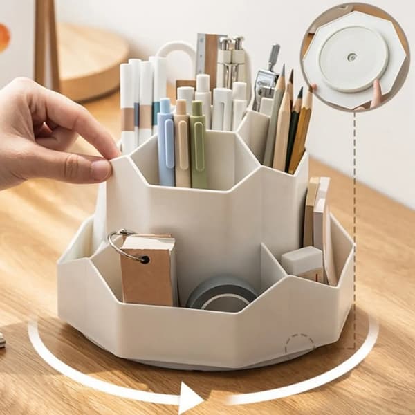 Rotating Pen Holder, Desk Organizer, 9 Compartments, Large Capacity, 360° Rotatable (Beige)