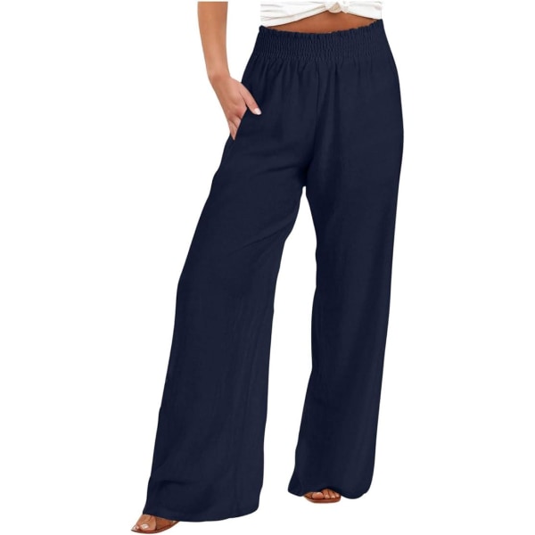 Palazzo bukser i lin for kvinner Sommer uformelt høy midje bukse med brede ben Boho Flowy Beach Lounge bukser med lommer