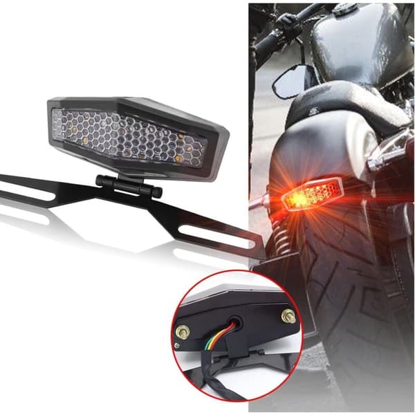 Universal motorcykel LED baglygte med nummerpladeholder, integrerede blinklys og bremselys.
