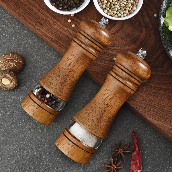 Oak Wood Salt and Pepper Grinder Set, 2-Pack, Manual Adjustable Ceramic Grinder with Acrylic Window, for Kitchen Cooking and Dining Table