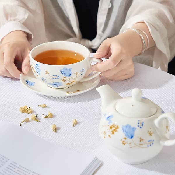 Porcelæn Te Til En, Blomstret Tekande og Kop Sæt, Orkidéer