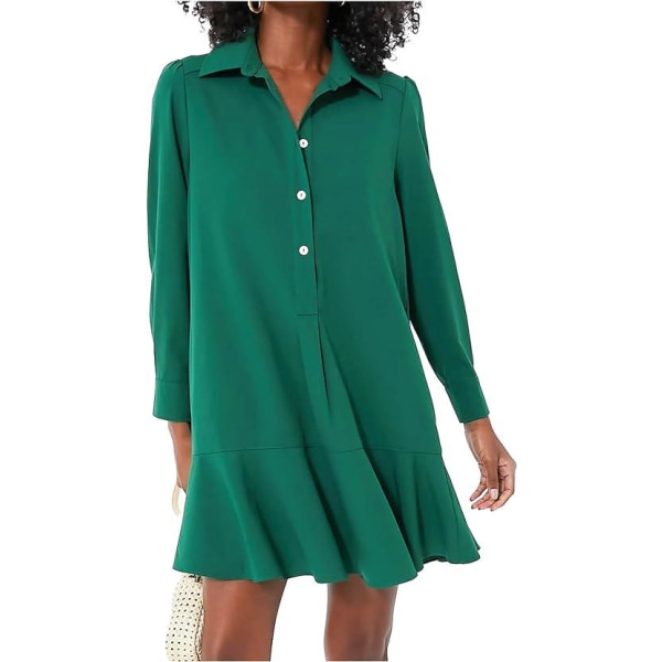 Tunikaskjorte for kvinner, minikjole, langermet bomull, kort kjole med knepping, rynkekant Skiftkjoler-S