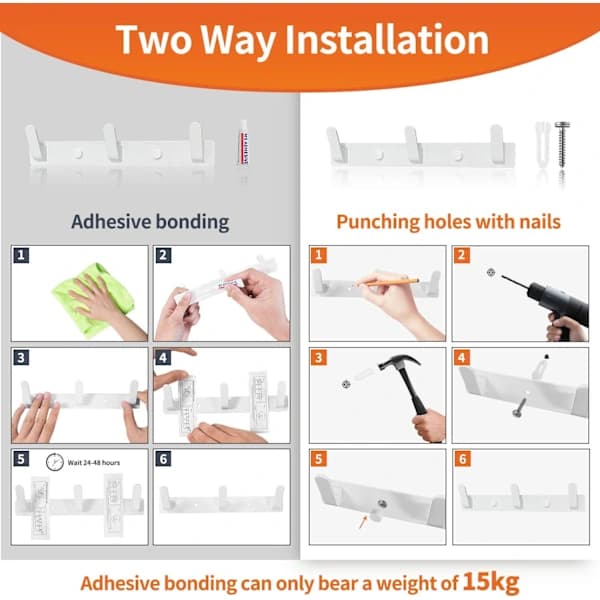 Wall Mounted Coat Rack White Coat Rack with 5 Hooks Two Installation Methods (with Glue and Screws) compatible Hall S,A
