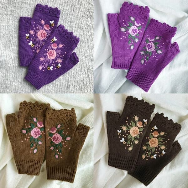 Bifblomma Stickade Fingerlösa Handskar Mörk Lila