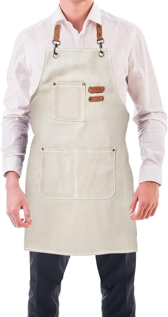 (Beige) Forkle for menn, lerretforkle med 3 lommer, vanntett E E