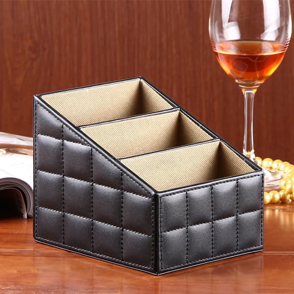 Black Remote Control Organizer, 3 Compartment Leather Desk Stand