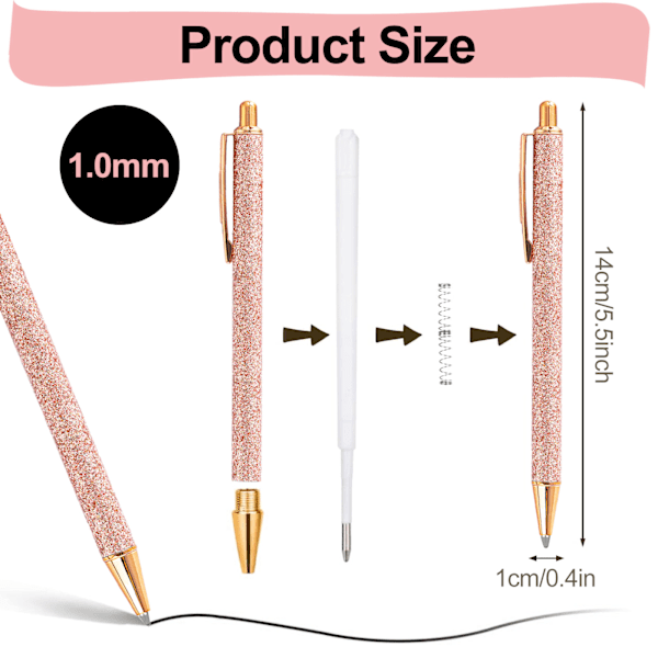 Metall infällbara kulspetspennor set, 5 st metallglitter svarta bläckpennor, 1,0 mm bekväm skrivpenna, sjöjungfruvågsmotiv Snygg penna för kvinnor