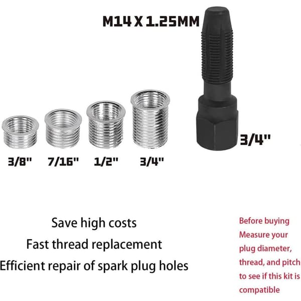 5-piece M14 x 1.25 Spark Plug Thread Repair Kit, Cylinder Head Threading Kit, Spark Plug Threading, 14mm Drill Cylinder Thread Repair Kit