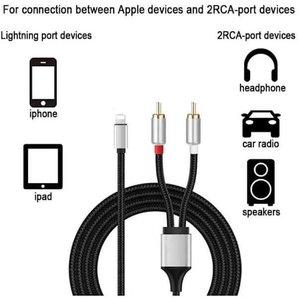 RCA-kabel for iPhone, Lightning til RCA-kabel for iPhone iPad Tablet, Stereo Aux-lydadapter for bil hjemmekino effektf,A