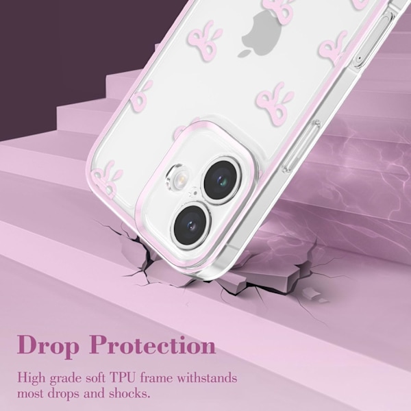 Kuori iPhone 16 Plus -puhelimelle, Läpinäkyvä Söpö Nauha Rusetti Kuvio Esteettinen Läpinäkyvä Puhelinkuori Korotettu Kameran Suoja Tytöille - Pinkki iPhone 16PLUS
