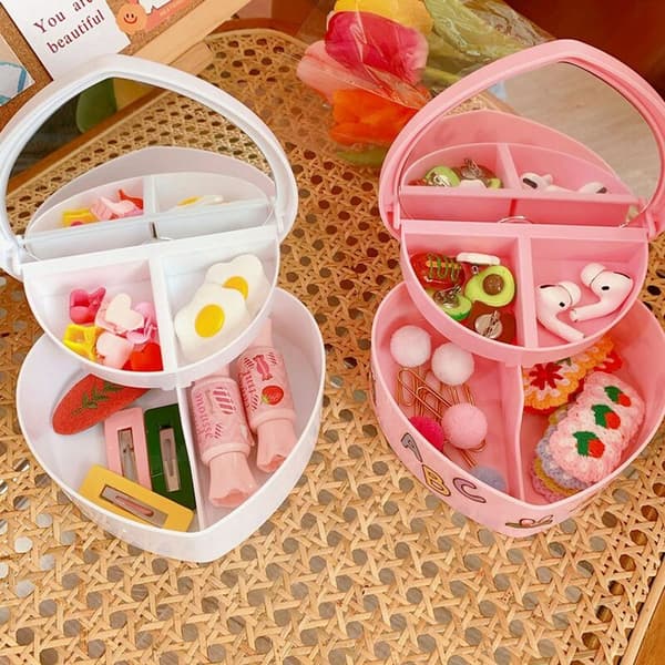 Heart-shaped desktop storage box, student dormitory, love storage box, double storage box, white