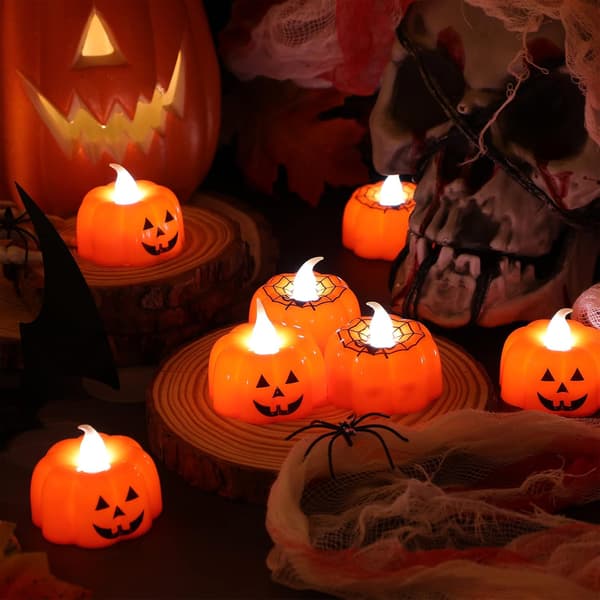 Pumpkin Lanterns with Spider, 6 pcs Flameless Battery Operated 3D LED Tea Lights Warm White (3 Pumpkin + 3 Spiderweb)