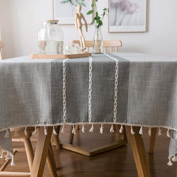 Rectangular Tablecloth 140X200 cm Polyester Fiber Tablecloth with Tassel Edge Dustproof Dining Washable (Grey)
