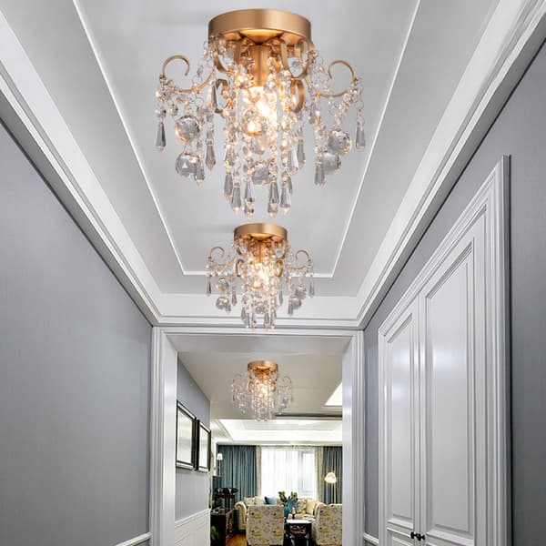 Mini Crystal Chandelier Ceiling Light Small Gold Flush Mount Ceiling Lamp for Entryway Bedroom Bathroom Hallway Closet E12