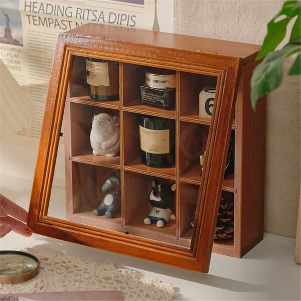 Wooden Spice Box 24 cm - Decorative Organizer with Glass Lid, 9 Fixed Compartments
