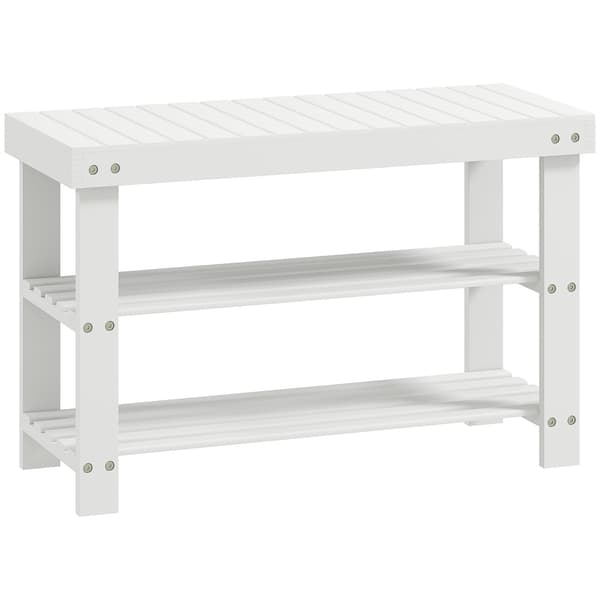 Skobenk i bambu med oppbevaring, 2 hyller, 70x28x45 cm, hvit