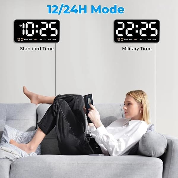 Digital Wall Clock, 9 Inch LED Digital Clock with 12/24h, Large Digits, Small Silent Wall Clock White Light White Light