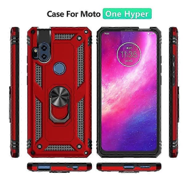 Motorola One Hyper Shockproof Case with 360° Rotating Holder - TPU+PC Protective Cover (Silver) Black Musta
