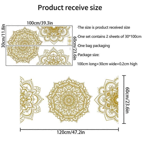 Half Mandala Wall Decal Boho Mandala Wall Sticker Hippie Mandala Vinyl Wall Decals Flower Wall Decals Headboard Wall Decor (Gold)