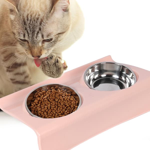 Dobbelt kæledyrsskål med base til katte og hunde - Pink